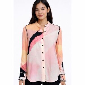 RACHEL COMEY • Pink/Multi Watercolor Print Fringe Trim Silk Button-Down Shirt, 2